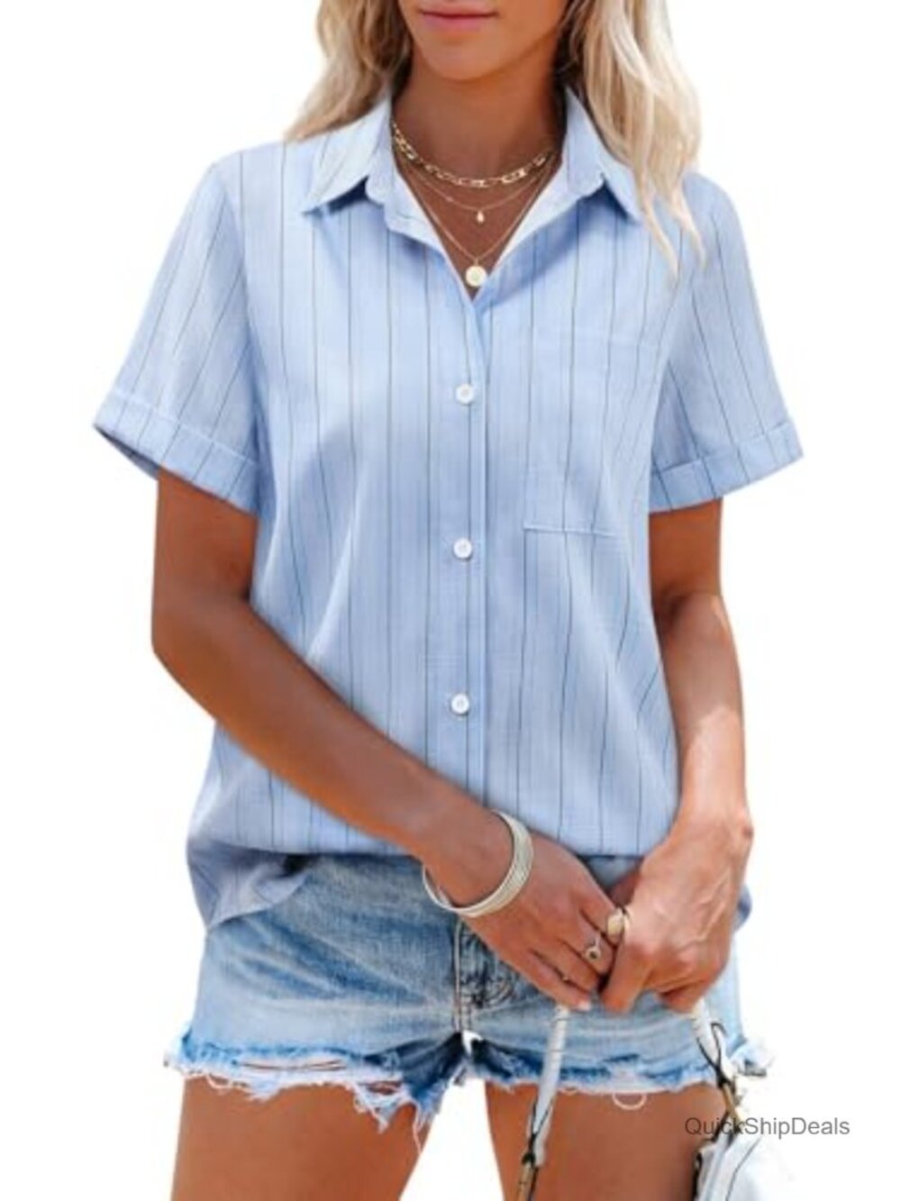 Aoudery Linen Shirt Short Sleeve Button Down V-Neck Blouse Vacation
